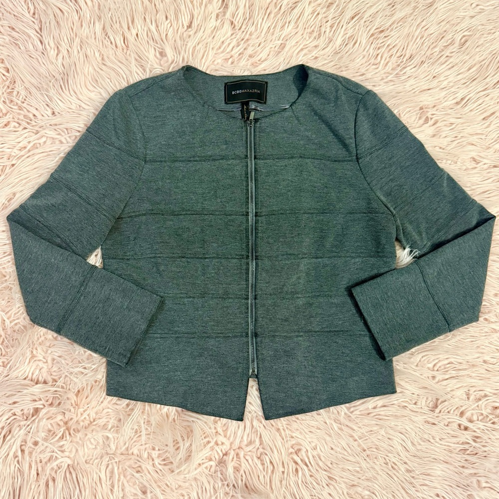 BCBGMAXAZRIA Heather Charcoal Zip-Front Jacket/blazer/knit top